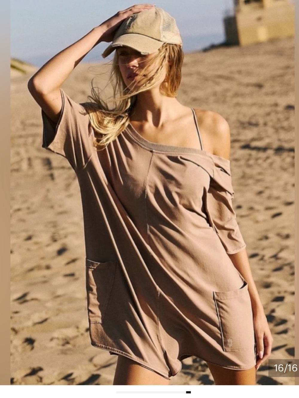 FP Movement by Free People Mocha Off-Shoulder Tee Romper